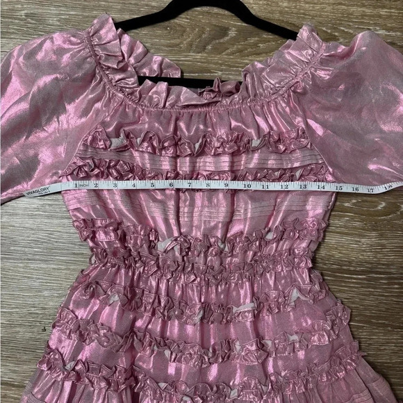 NWT Cynthia Rowley Ella Silk Metallic Foil Ruffle Mini Dress Metallic Blush XS - Picture 9 of 10